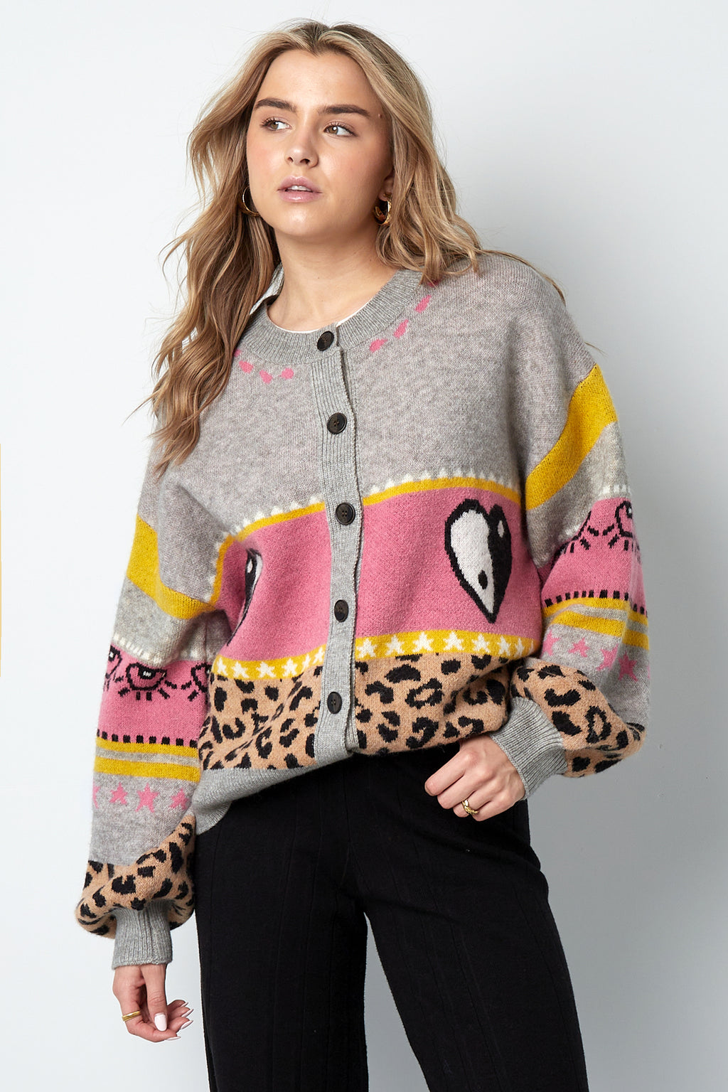 Knitted Wool Blend Women's Cardigan Oversized Patterned Design