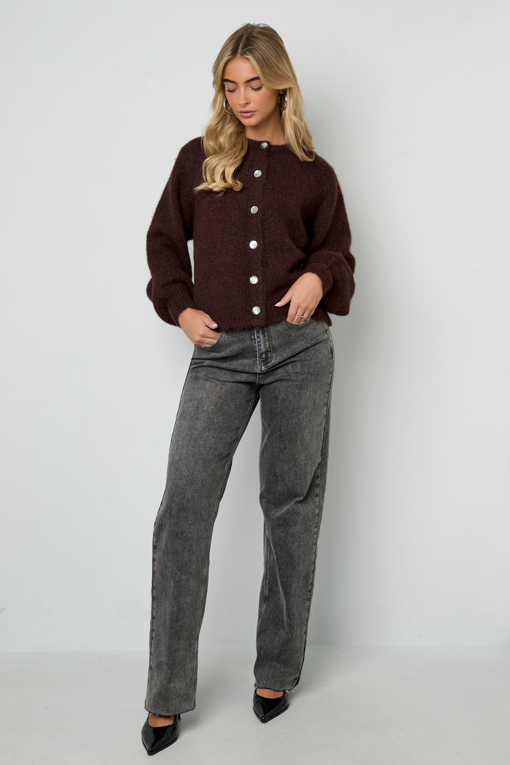 Knitted Polyester Fiber Women's Cardigan Casual Solid Color Fall/Winter