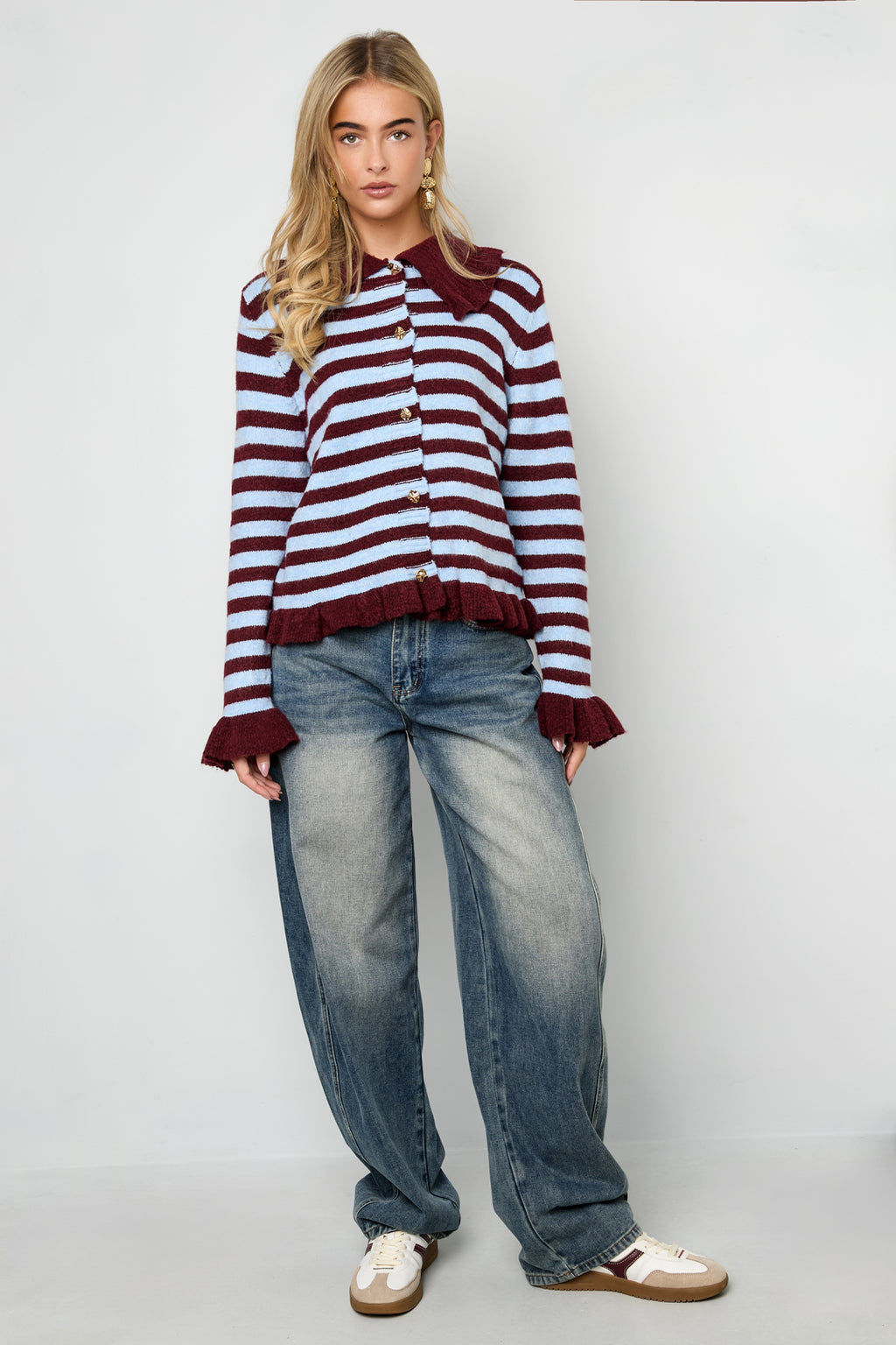 Knitted Polyester Fiber Women's Cardigan Casual Stripes