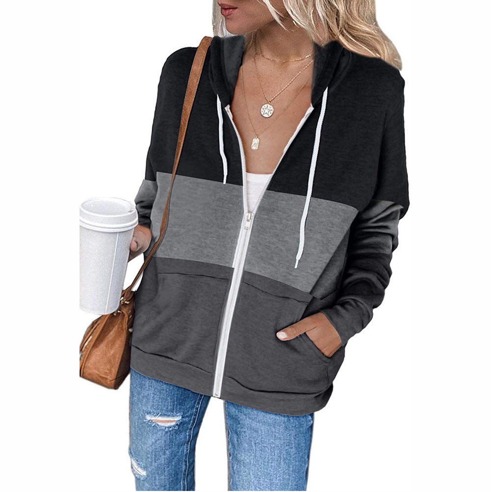 Long Sleeve Color Contrast Hoodie Women's Zipper Pocket Cardigan Jacket
