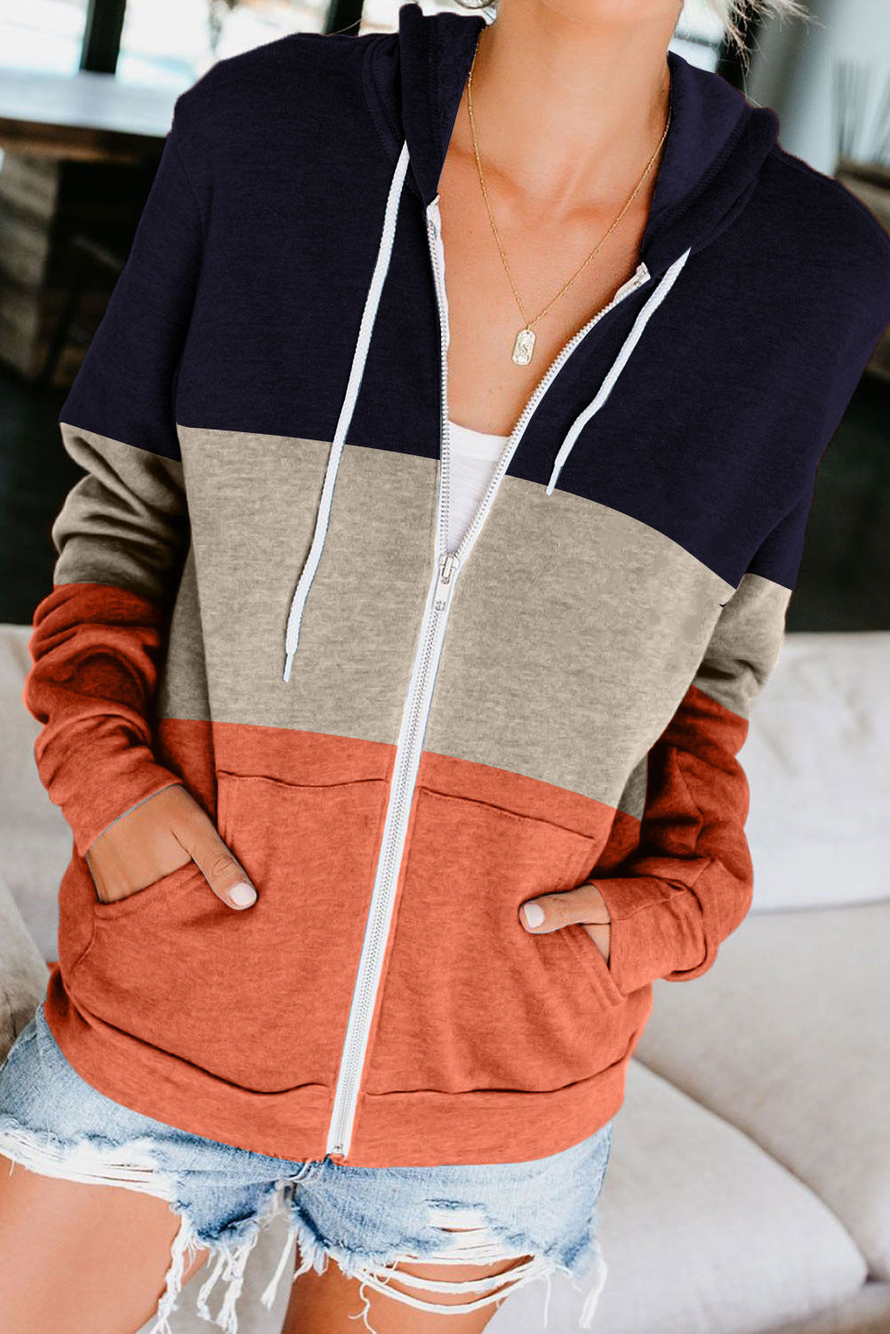 Long Sleeve Color Contrast Hoodie Women's Zipper Pocket Cardigan Jacket