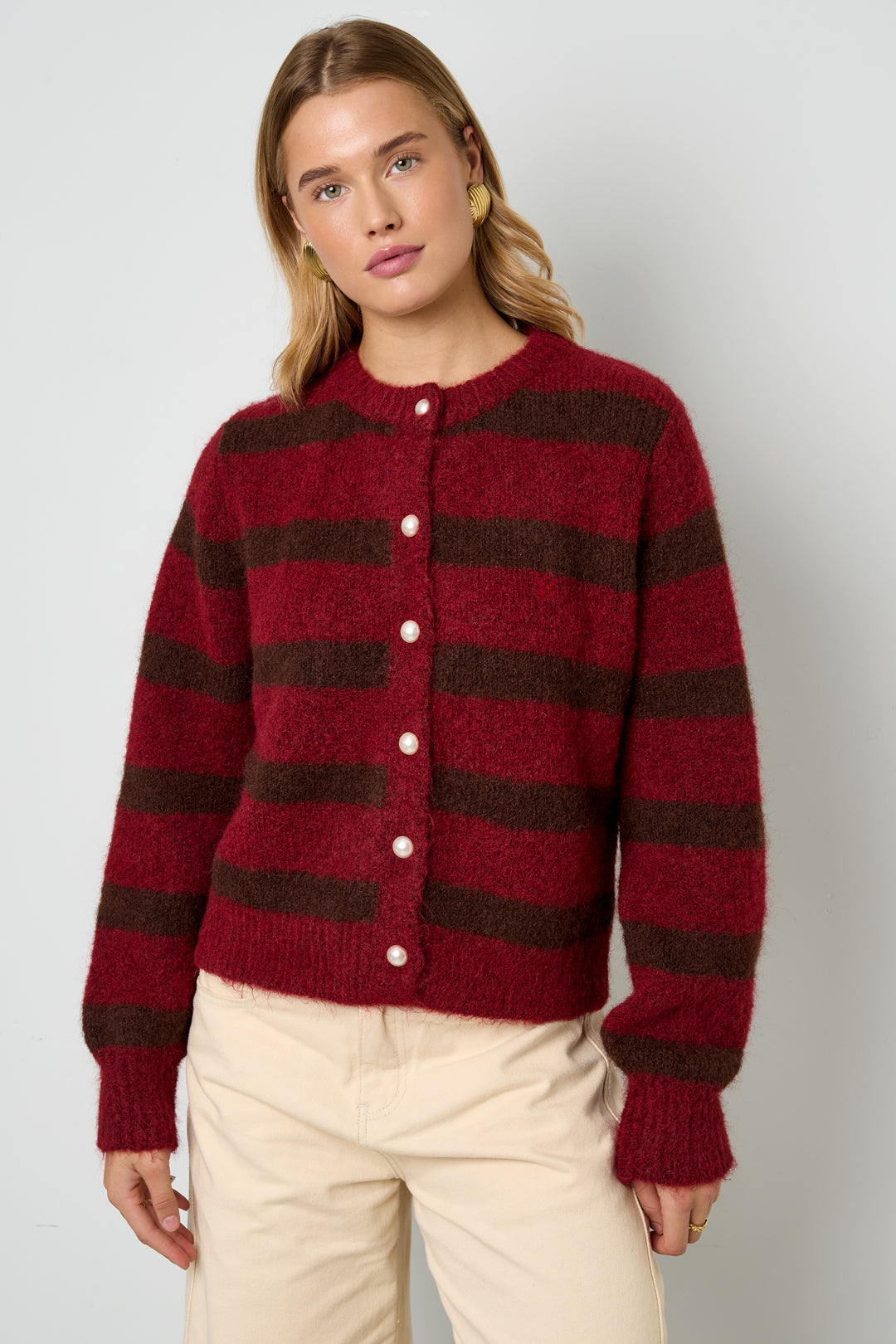 Knitted Polyester Fiber Women's Cardigan Casual Stripes