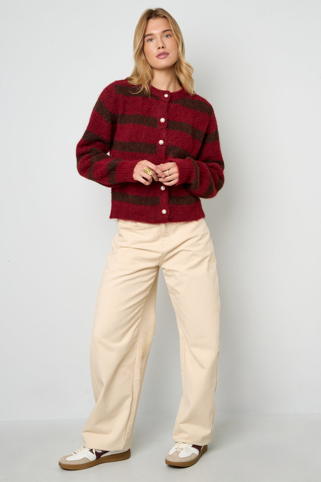 Knitted Polyester Fiber Women's Cardigan Casual Stripes