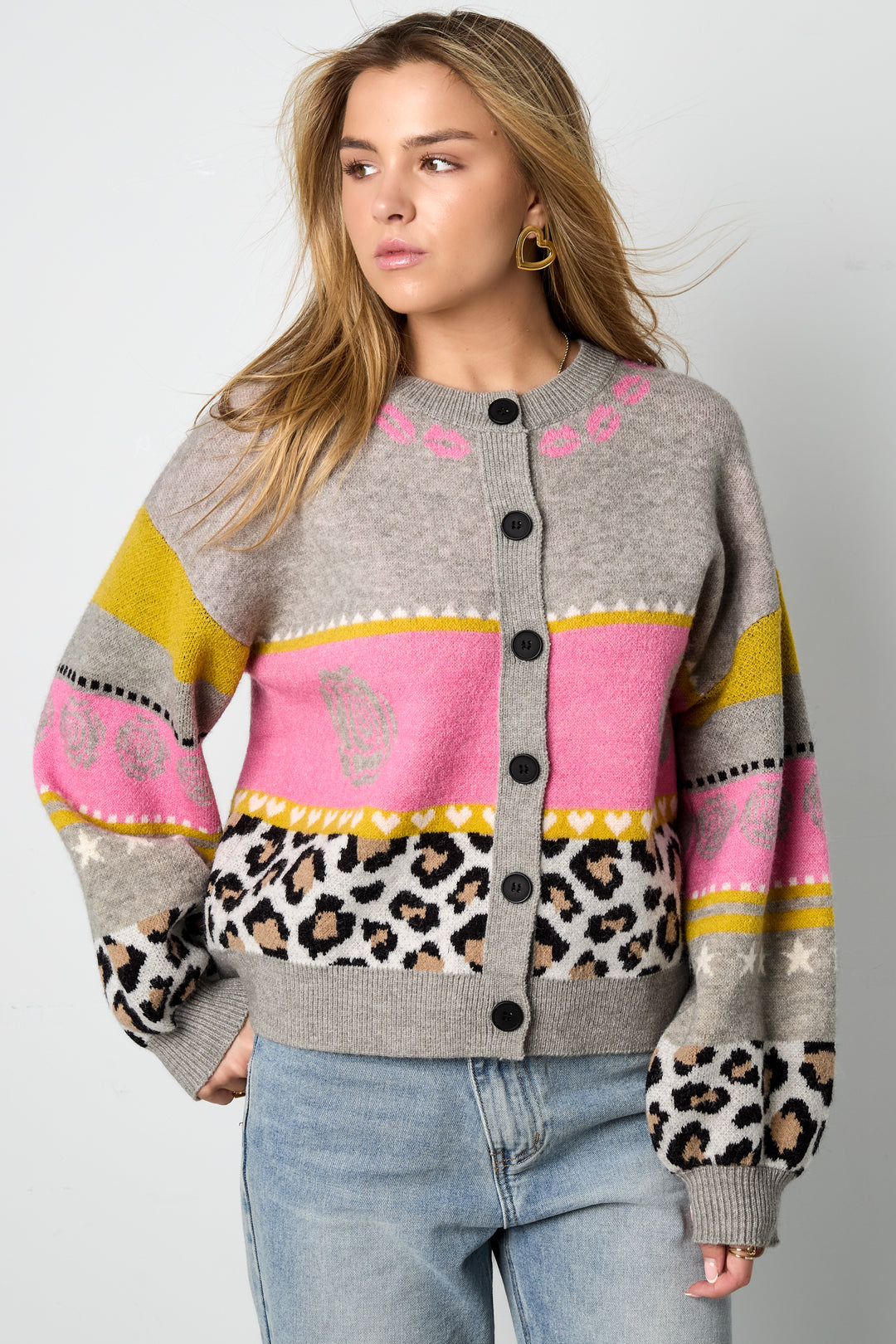 Knitted Polyester Fiber Women's Cardigan Casual Floral Print